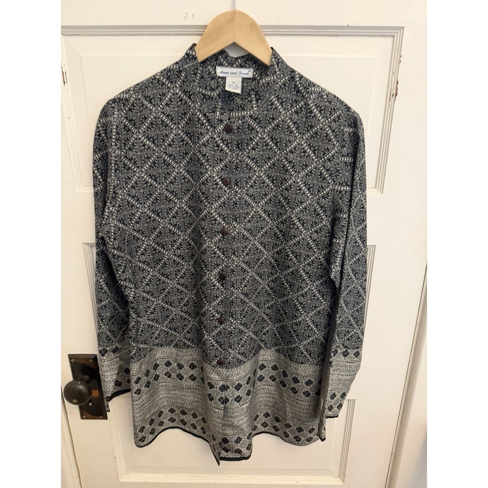 Anna And Frank Vintage Black White Patterned 100% Silk Tunic Size Medium